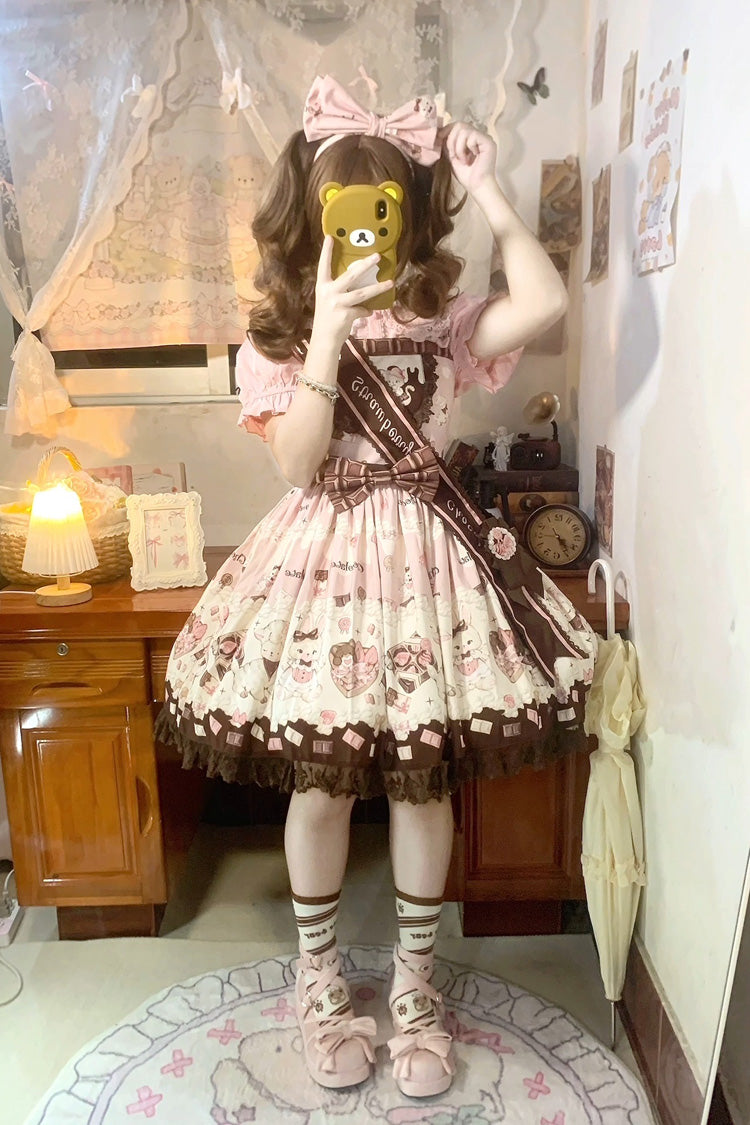 Chocolate Rosette Cat Printed Bow Stitching Lace Sweet Lolita JSK Dress