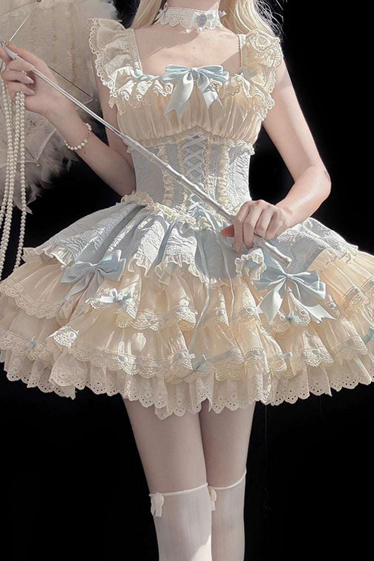 Blue Double-Layered Ruffled Bow Lace-Up Sweet Ballet JSK - Flory Butterfly