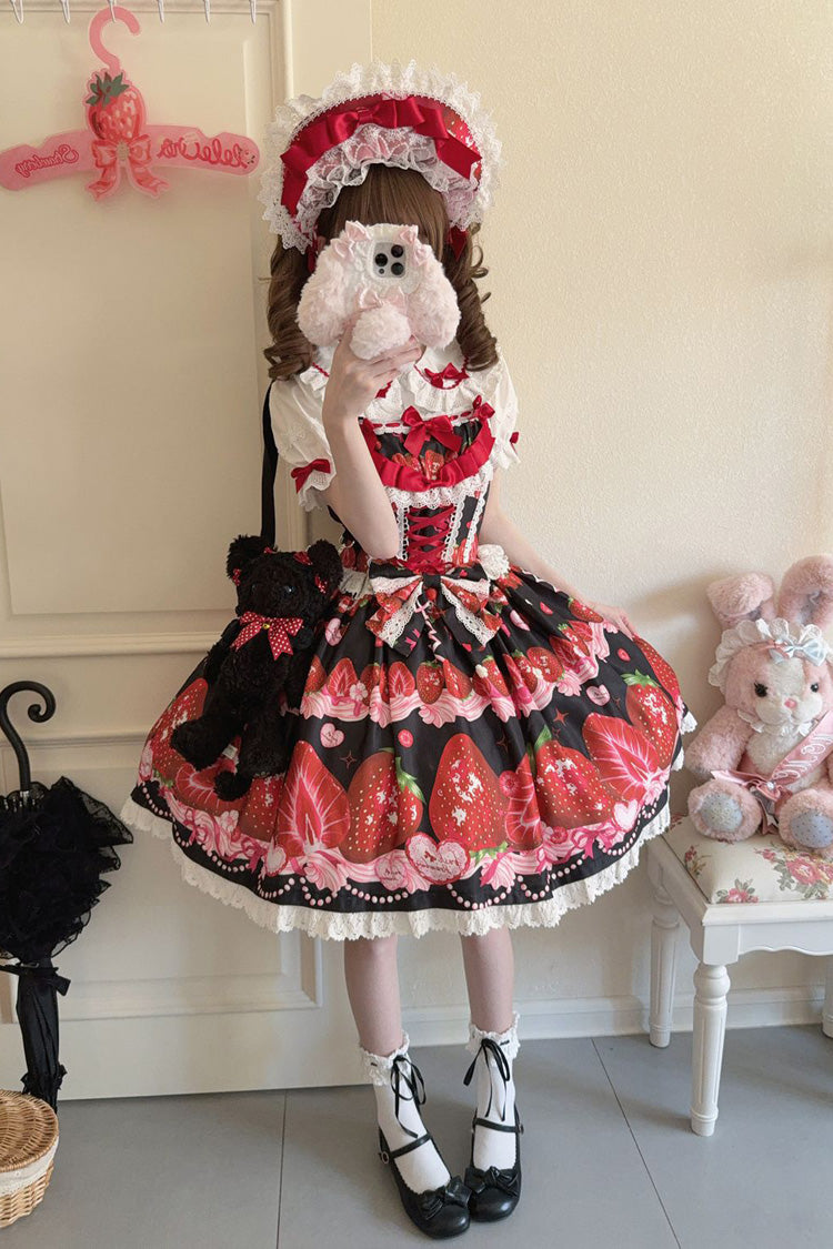 Strawberry Print Ruffled Bow Lace Sweet Lolita JSK