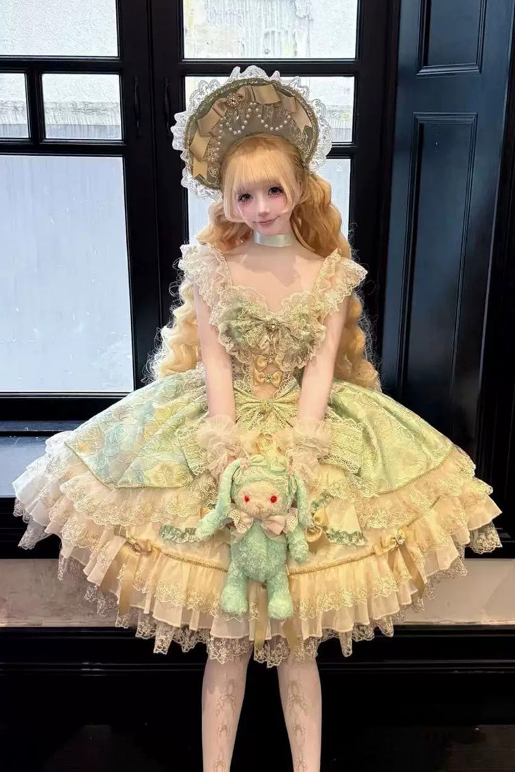 Gilded Waltz Square Collar Sleeveless Printed Embroidered Bow Lace Sweet JSK - Green