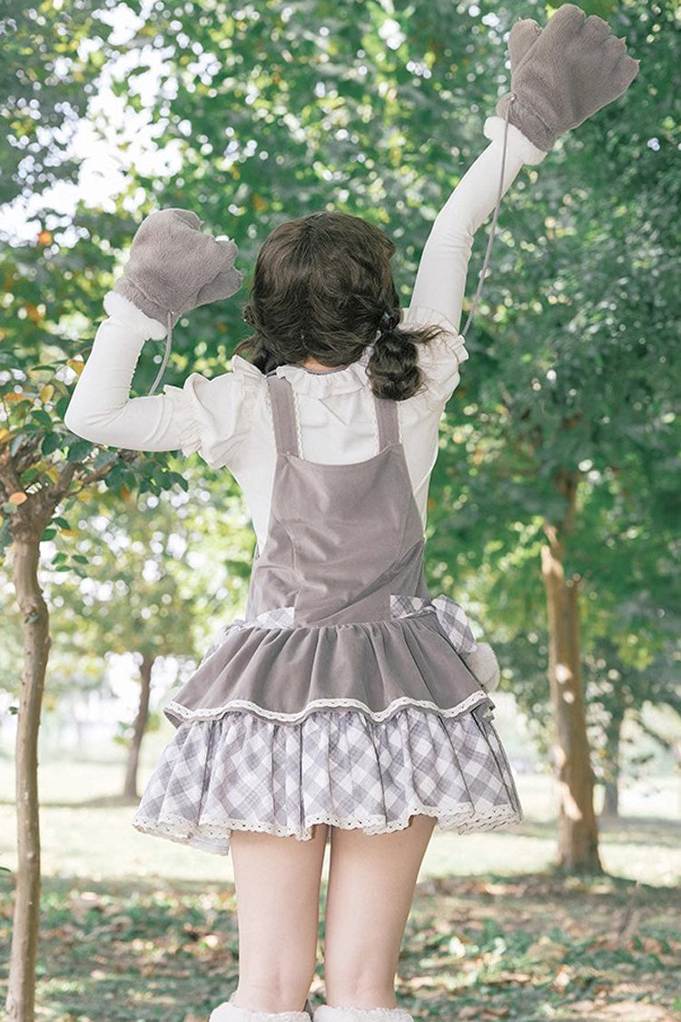 Grey Cute Grizzly Bear Plaid Bowknot Sweet Lolita Jsk Dress