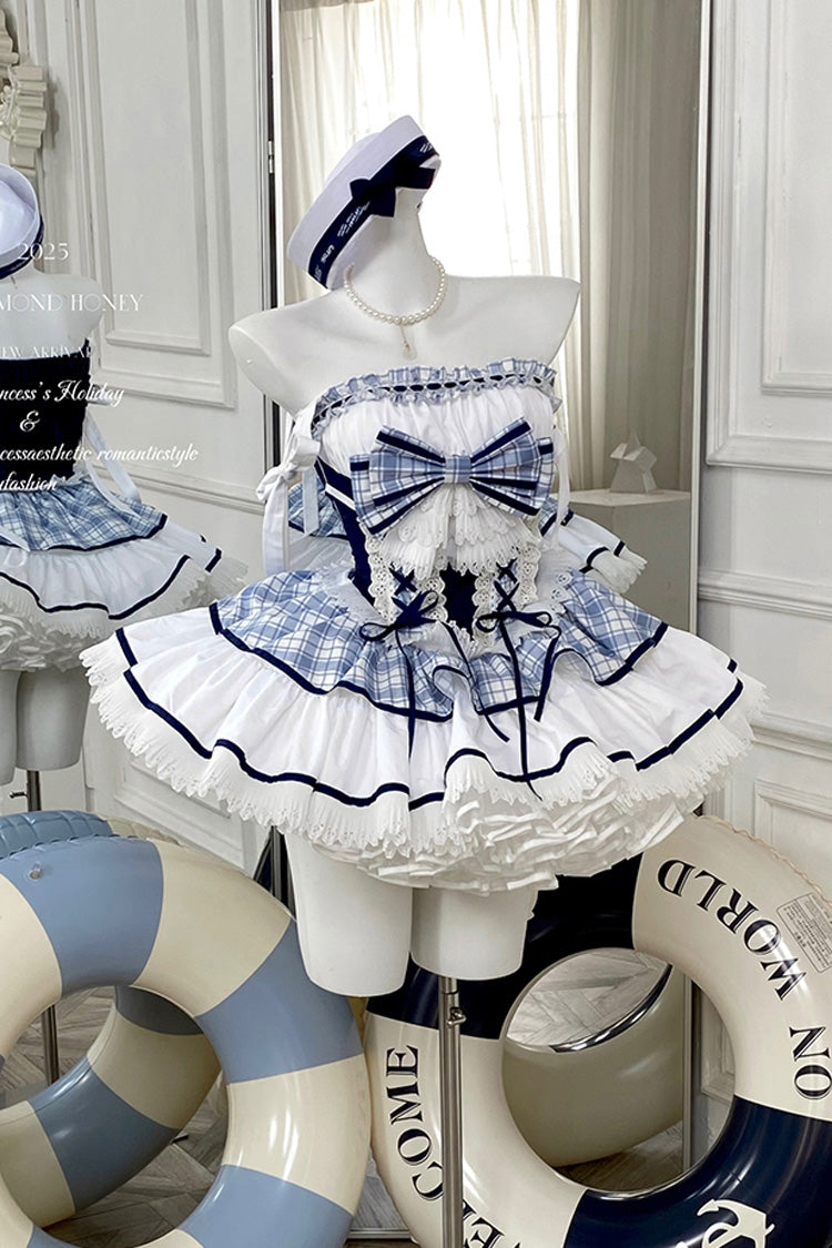 Blue/White Sailing Love Navy Collar Sleeveless Plaid Print Ruffle Ribbon Girly Lolita Dress