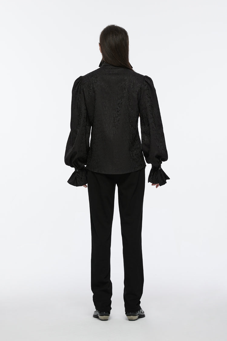 Jet-Black Gothic Blouse with Puffed Sleeves and Lace-Up Front for Men