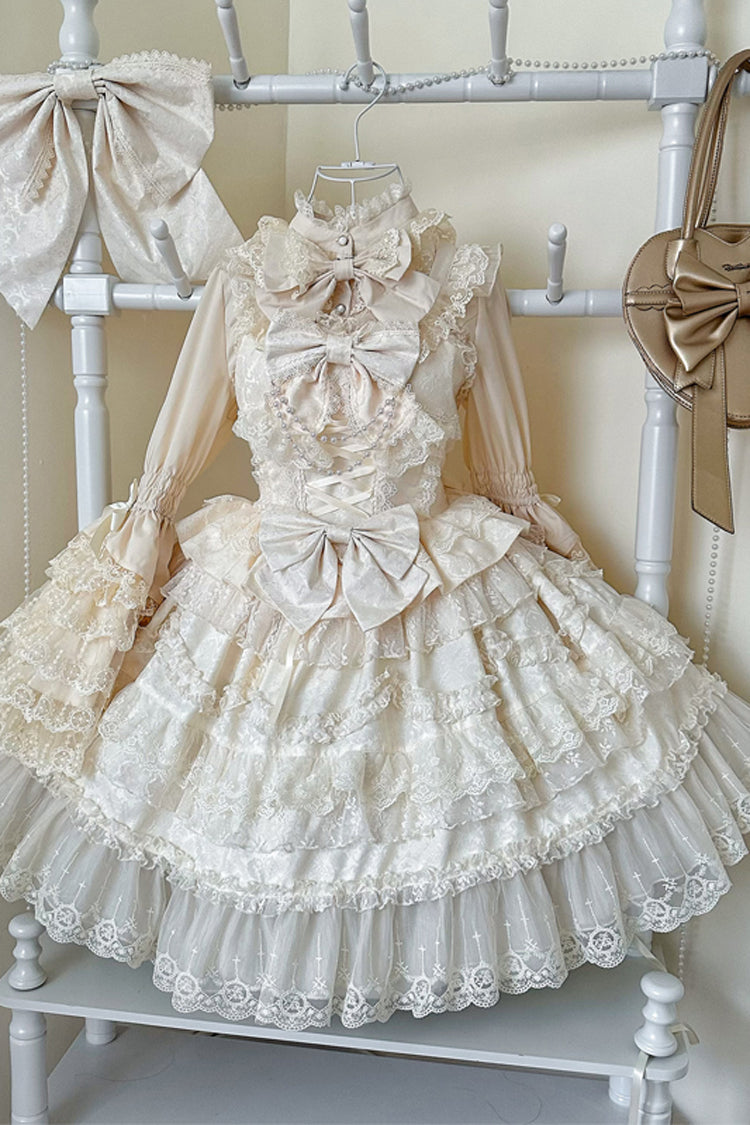 Apricot Sweet Lolita JSK Dress with Multi-Layer Ruffles Bowknot Lace and Pearl Accents