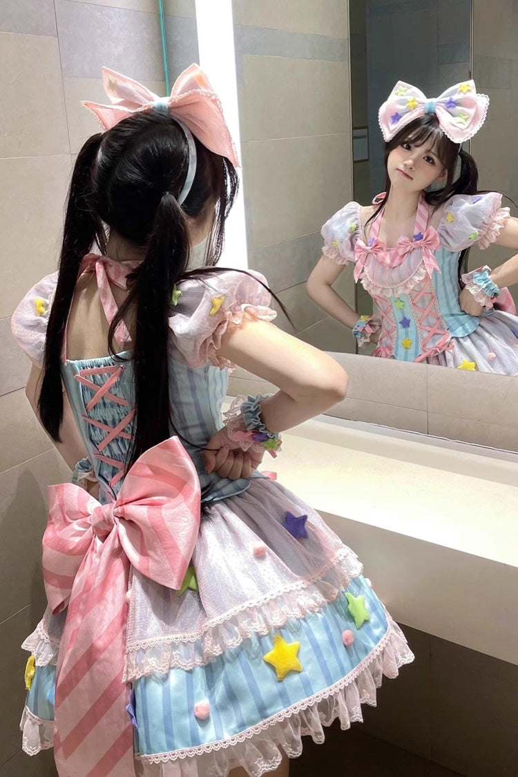 Pastel Multi Print Bowknot Star Motif Sweet Lolita Mini Dress