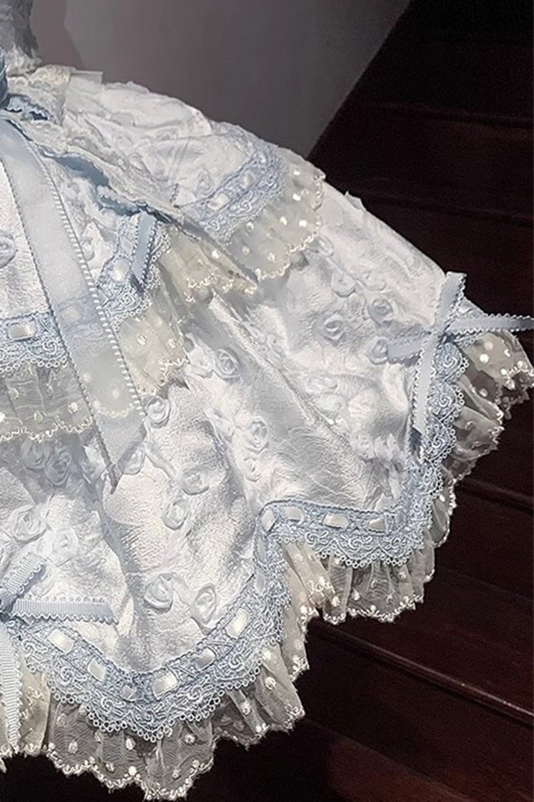 Blue Double-Layered Ruffled Embroidered Bow Lace Sweet JSK - Floral Overture