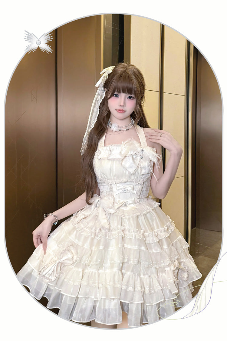 Swan Overture Apricot Halterneck Sleeveless Multi-Layered Ruffle Bowknot Lace Sweet Dress