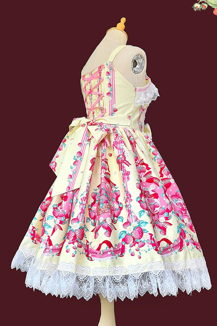 Sleeveless Bowknot Lace Sweet JSK with Print - Strawberry Chef