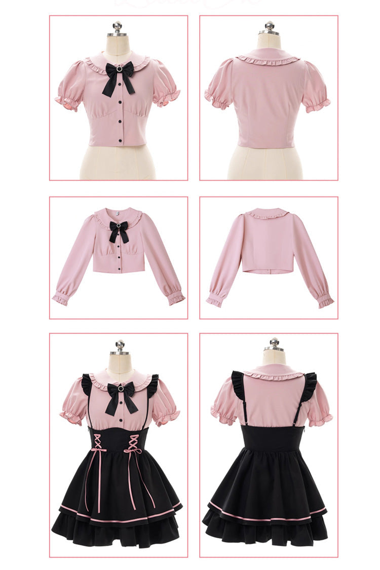 First Sakura Short Sleeves Multi-layer Lace-Up Sweet Jirai Kei Japanese Set - Black/Pink