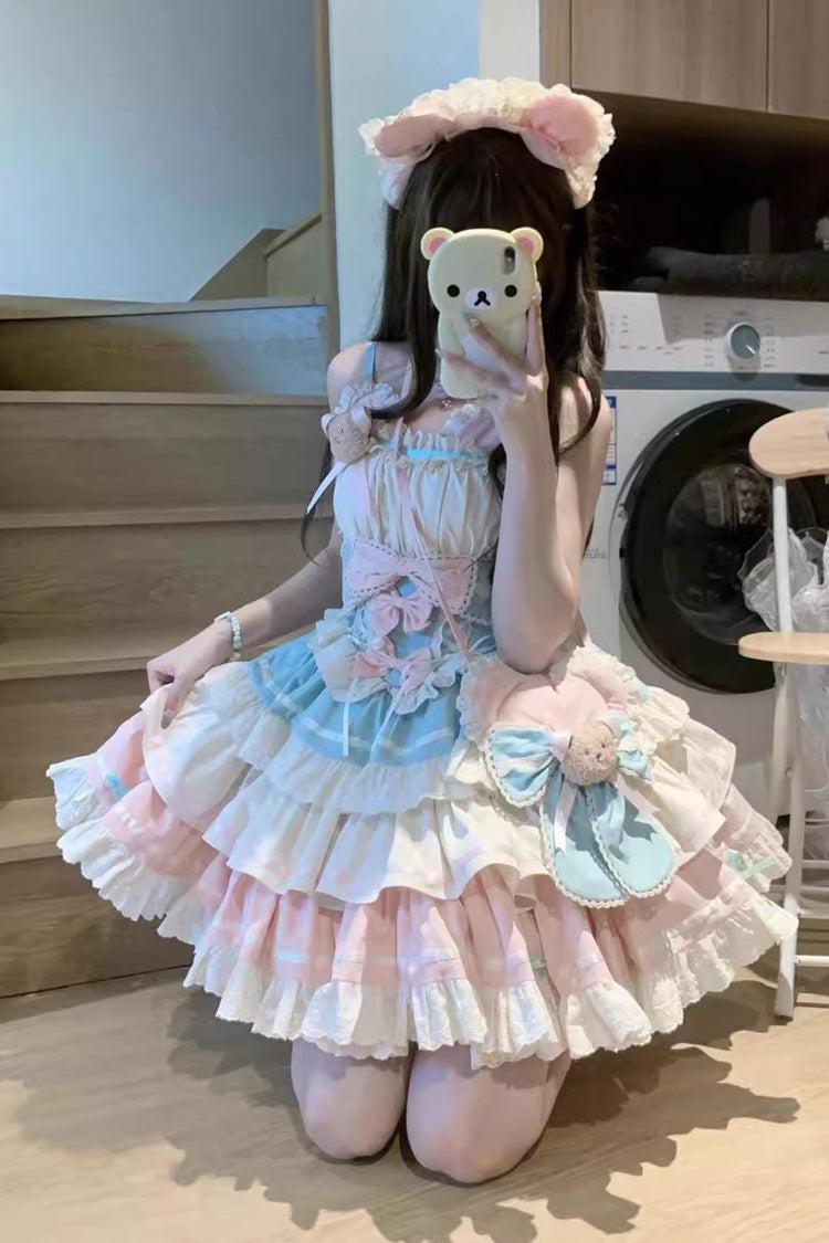 Blue and Pink Sweet Lolita JSK Dress with Multi-Layered Ruffle and Bowknot