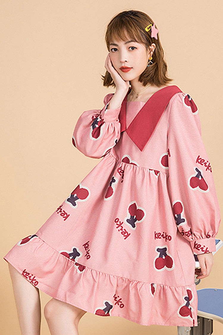 Pink Sweet Lolita Dress with Cherry Print, Lapel Collar and Ruffles - Altfashion Shop