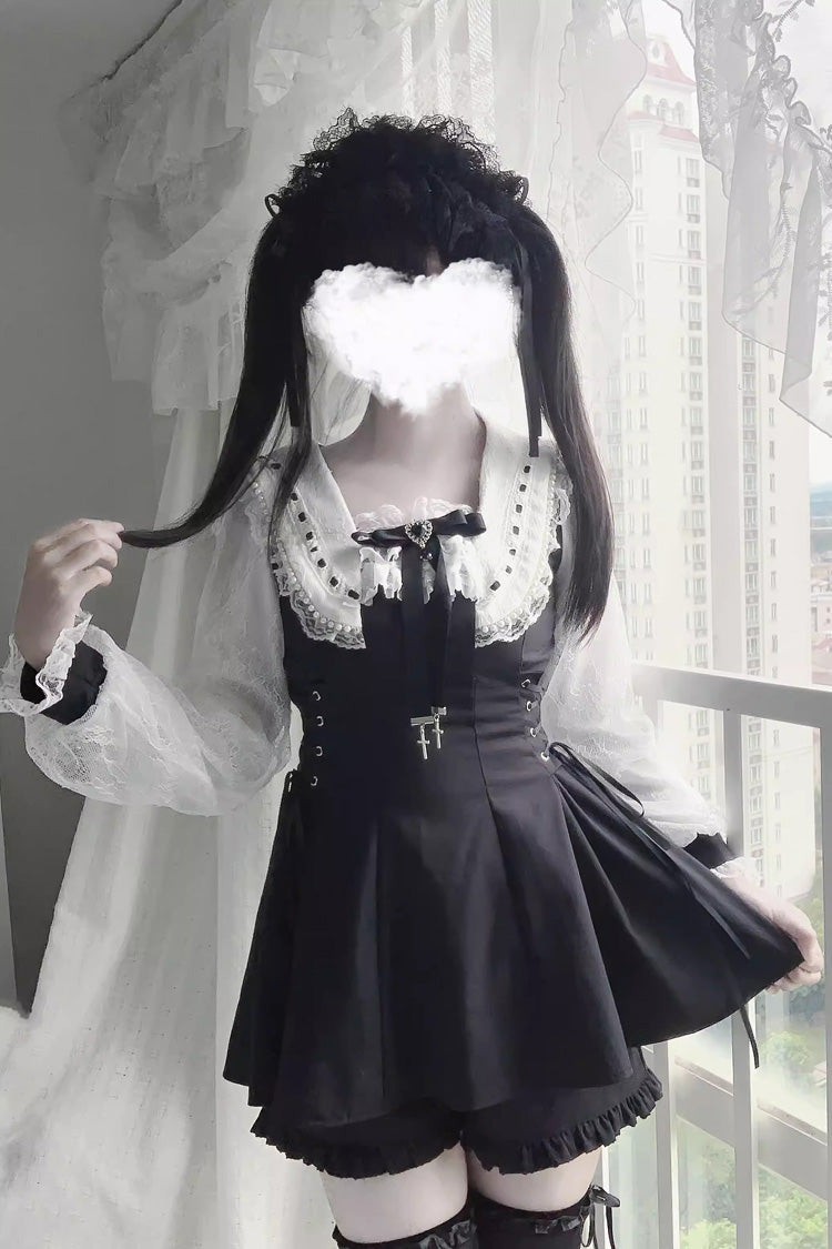 Gothic Square-Collar Print Bow Lace Pearl Jirai Kei Dress with Shorts
