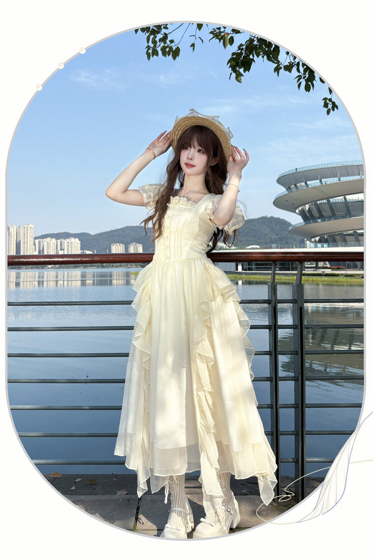 Apricot Sweet Lolita Dress with Square Collar Short Sleeves and Ruffle Trim Accents