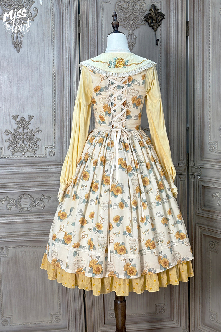 Apricot Sweet Elegant Uplift Lolita JSK Dress with Sleeveless Print Ruffles and Bowknot