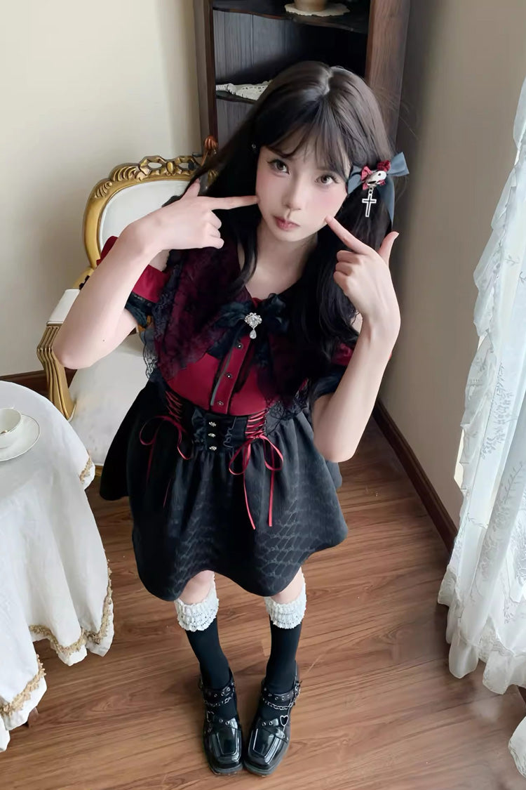 Overture to the Dead Off Shoulder Short Sleeves Ruffle Bowknot Lace-Up Gothic Jirai Kei Skirt Set - Black/Red