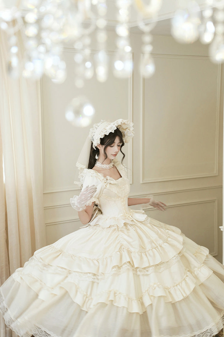 Ivory Square Neck Ruffle Bridal Bow Elegant Gown