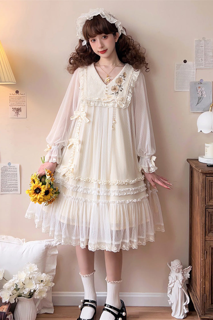 Ivory Sweet Princess Lolita Dress with Lace Embroidery Ruffled Bowknot - Sunflower Diary