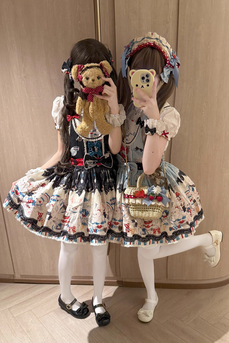 Sleeveless Print Bowknot Lace Sweet Lolita Strap Dress Black