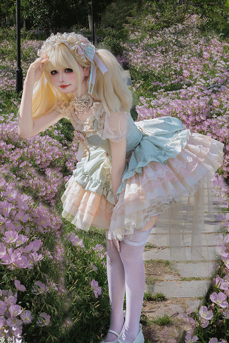 Sleeveless Multi-Layered Ruffle Bow Lace Lace-Up Princess JSK Dress in Green