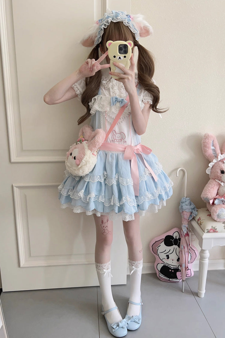 Azure Rabbit-Embroidered Sweet JSK with Double Ruffles