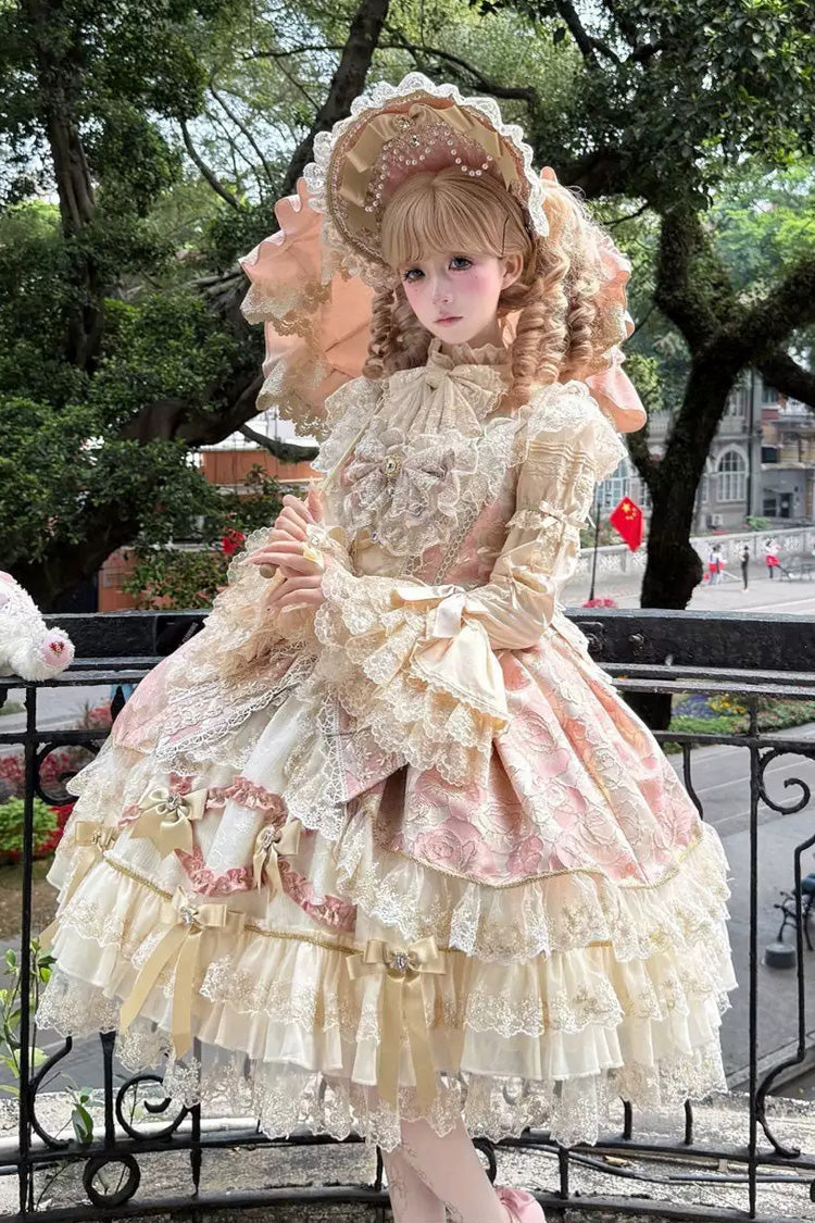 Gilded Waltz Square Collar Sleeveless Printed Embroidered Bow Lace Sweet JSK - Pink