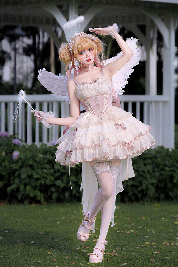 Pink Ballet-Style JSK Dress with Bow and Lace-Up Front