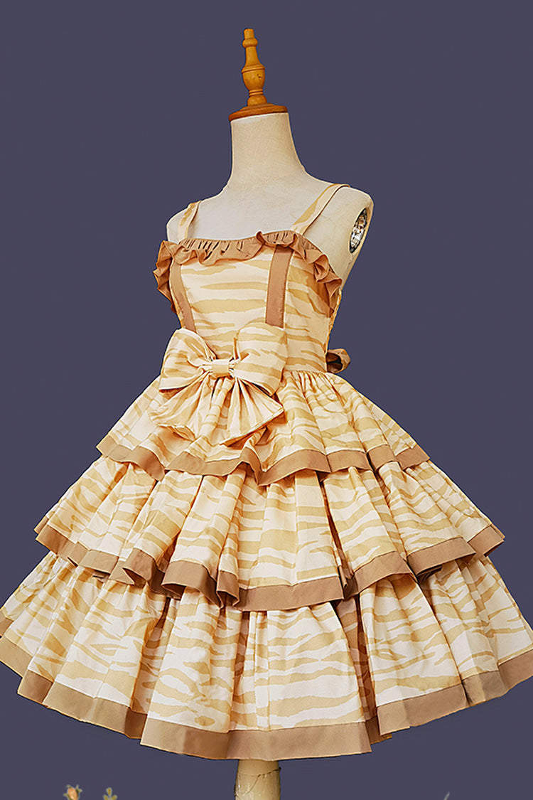Sweet Apricot Triple-Layer Print Ruffle Bow Lolita Dress