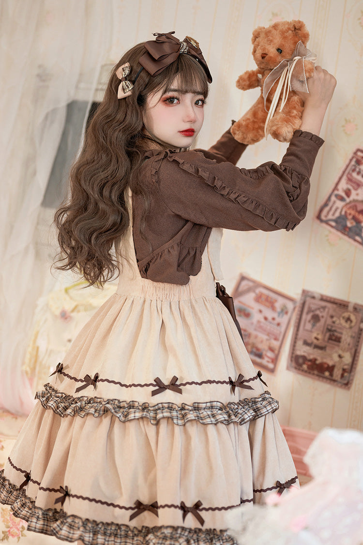 Khaki Cute Bear Embroidered Sleeveless Double Layer Ruffle Bow Sweet Jsk Dress