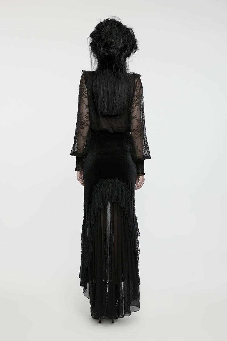 Noir Crewneck Lantern-Sleeve Ruffle Lace Gothic Blouse for Women