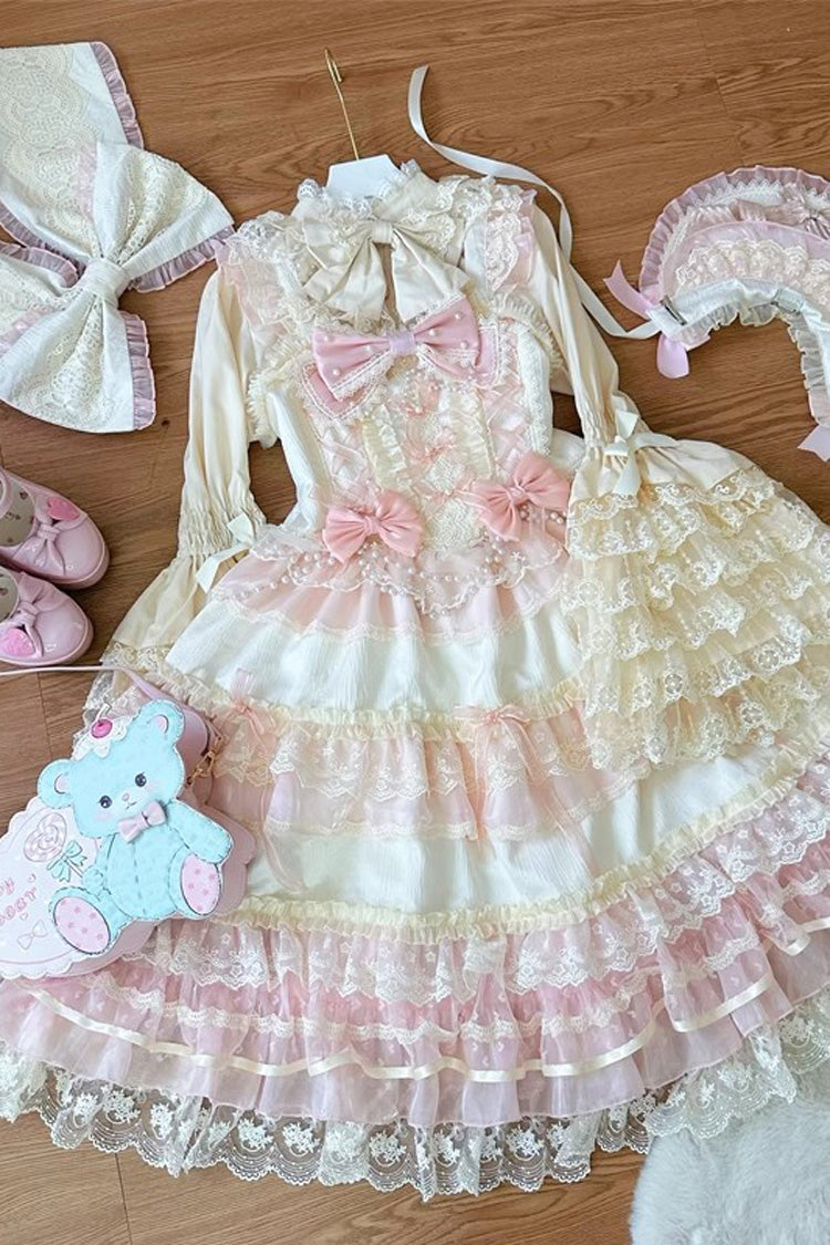 Sweet Lace JSK Dress with Ruffle Bow in Apricot