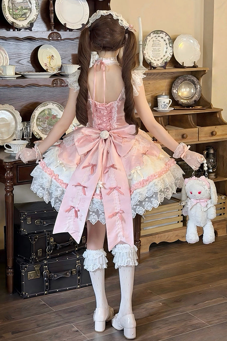 Pink Square Neck Ruffled Bow Lace Ballet Sweet JSK Dress - Rose Feather Romance