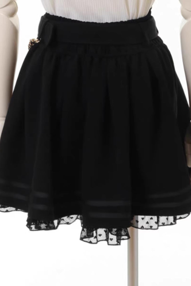 Pretty Heart-Belt Printed Ruffled Pearl and Chain Decorated Plus-Size Pleated Skirt