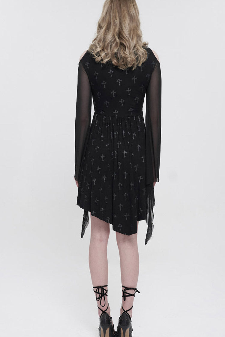 Cross Print Embroidered Beaded Neckline Mesh Flared Gothic Dress