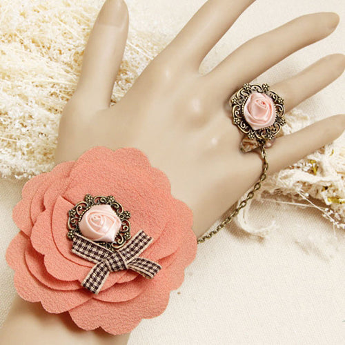 Pink Bow Rose Hemp Rope Lolita Ring and Bracelet