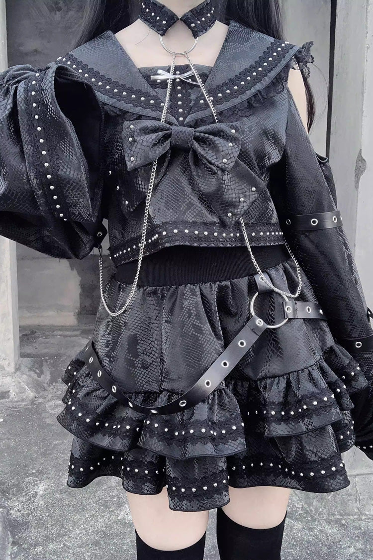 Serpent Navy Collar Snake Printed Studded Gothic Skirt Set