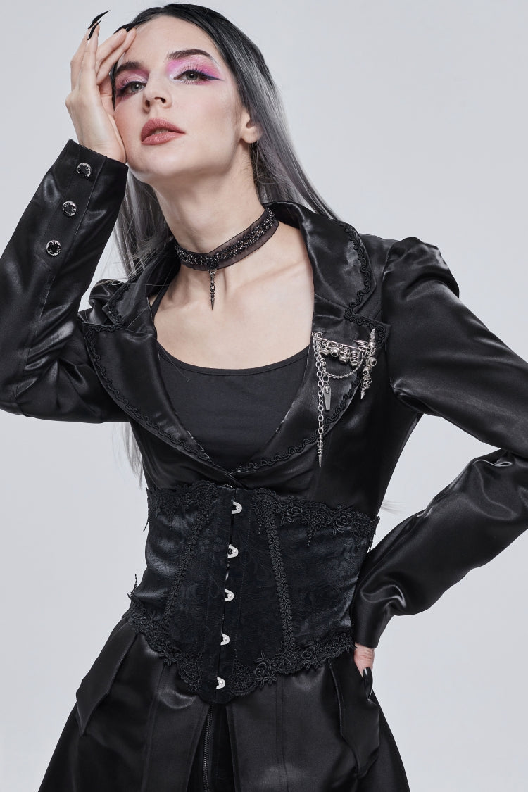 Women's Gothic Underbust Corset with Lace-Up & Embroidered Lace, Black