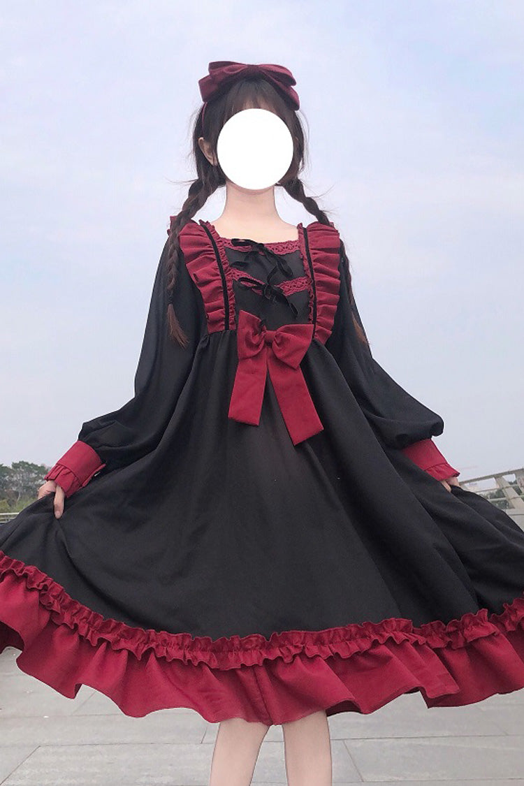 Long Sleeves Sweet Lolita OP Dress Waist Bow Ruffled - Altfashion Shop
