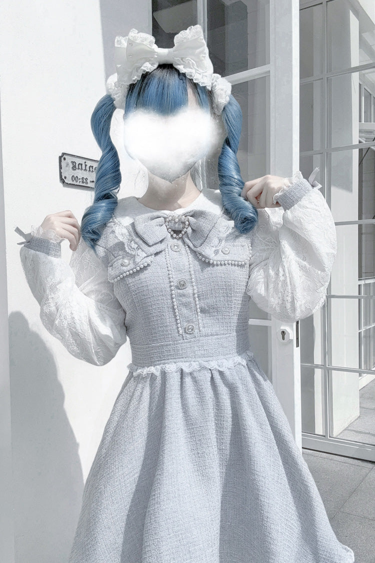 Grey Pearl and Bow Lace-Trimmed Jirai Dress