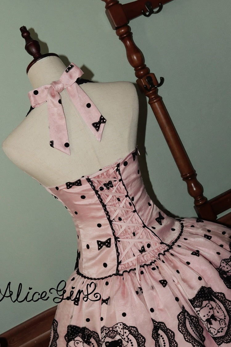 Pink Halterneck Sleeveless Embroidered Bow Sweet Dress - Sugar Bear