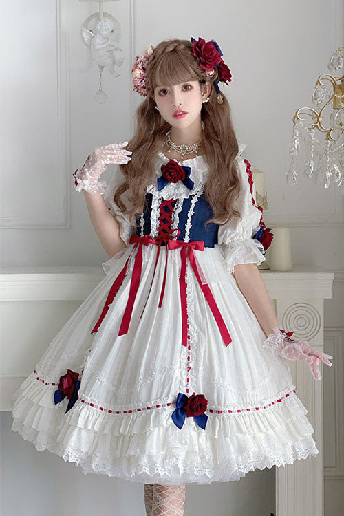 Cerulean and Ivory Round Collar Bow Short Sleeve Multi-Layer Ruffled Sweet Lolita OP Tiered Dress