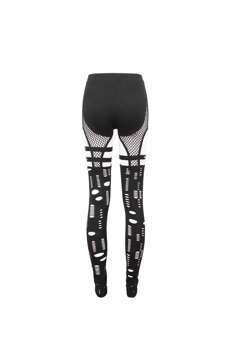 Punk Leggings with Asymmetrical Hole Knit & Mesh Stitching, Black