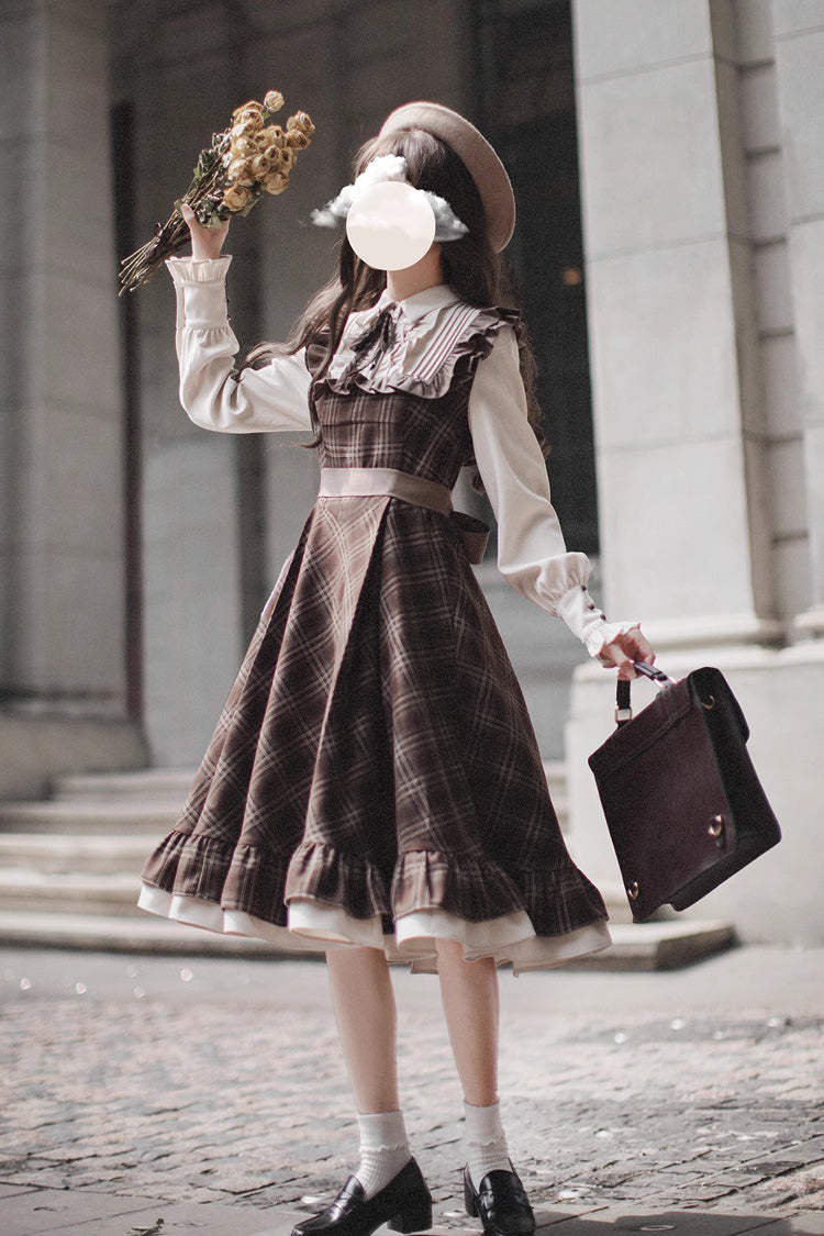 Brown Print Long Sleeve Fake Two Piece Vintage College Dress - The Thames at Dusk