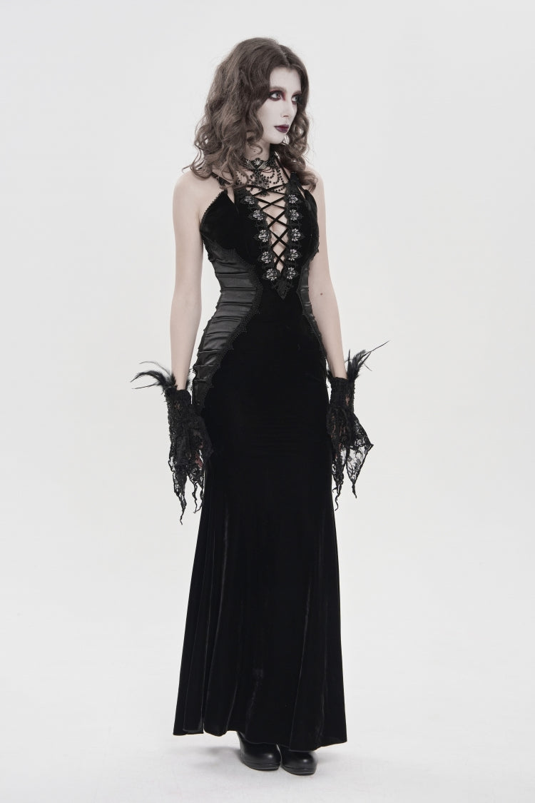 Off Shoulder Sleeveless Spliced Lace-Up Slim Pleated Gothic Jsk Dress