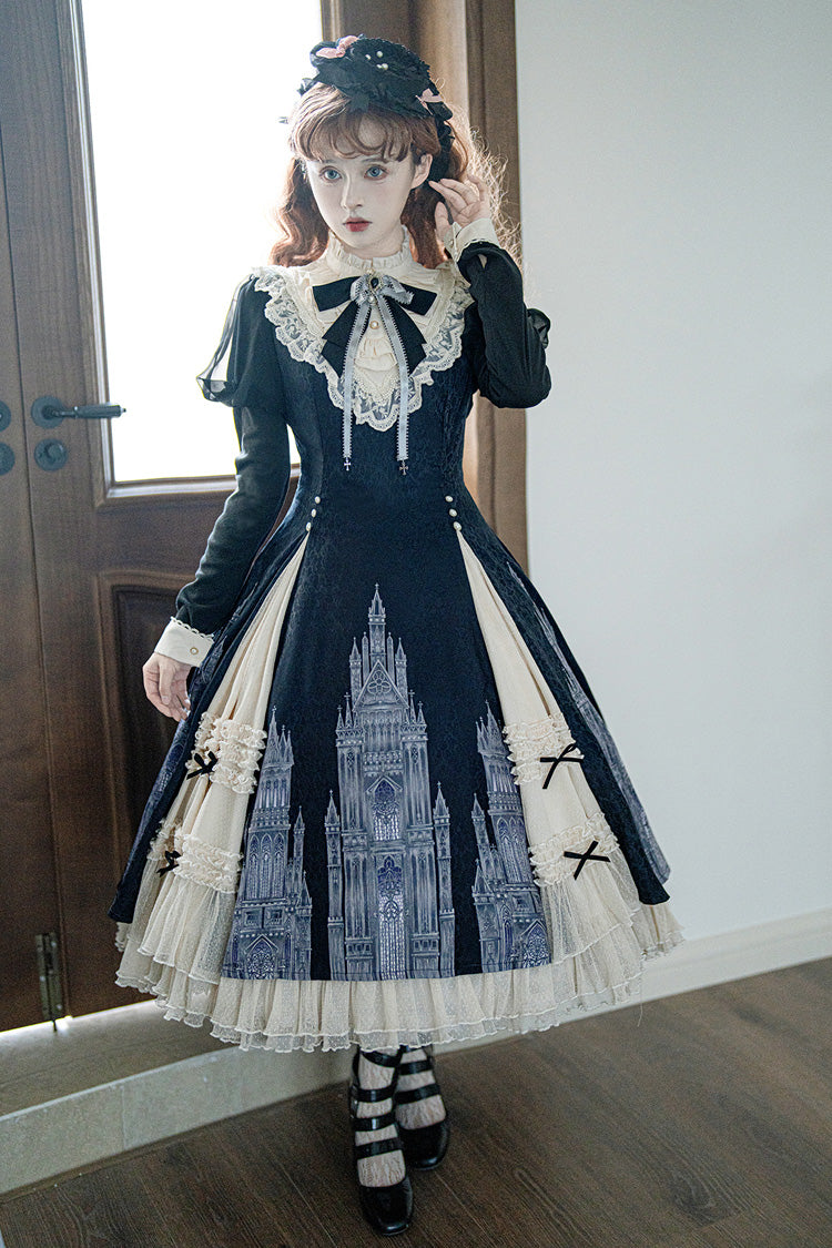 Black & White Church Bells Printed Ruffled Cardigan Bow Elegant Gothic Lolita Dress