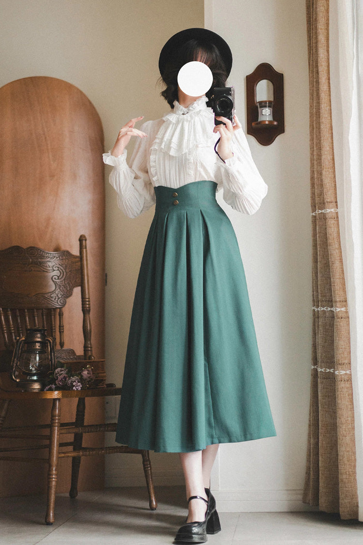 Ivory Misty Forest Stand Collar Long Sleeve Ruffle Vintage Elegant Blouse