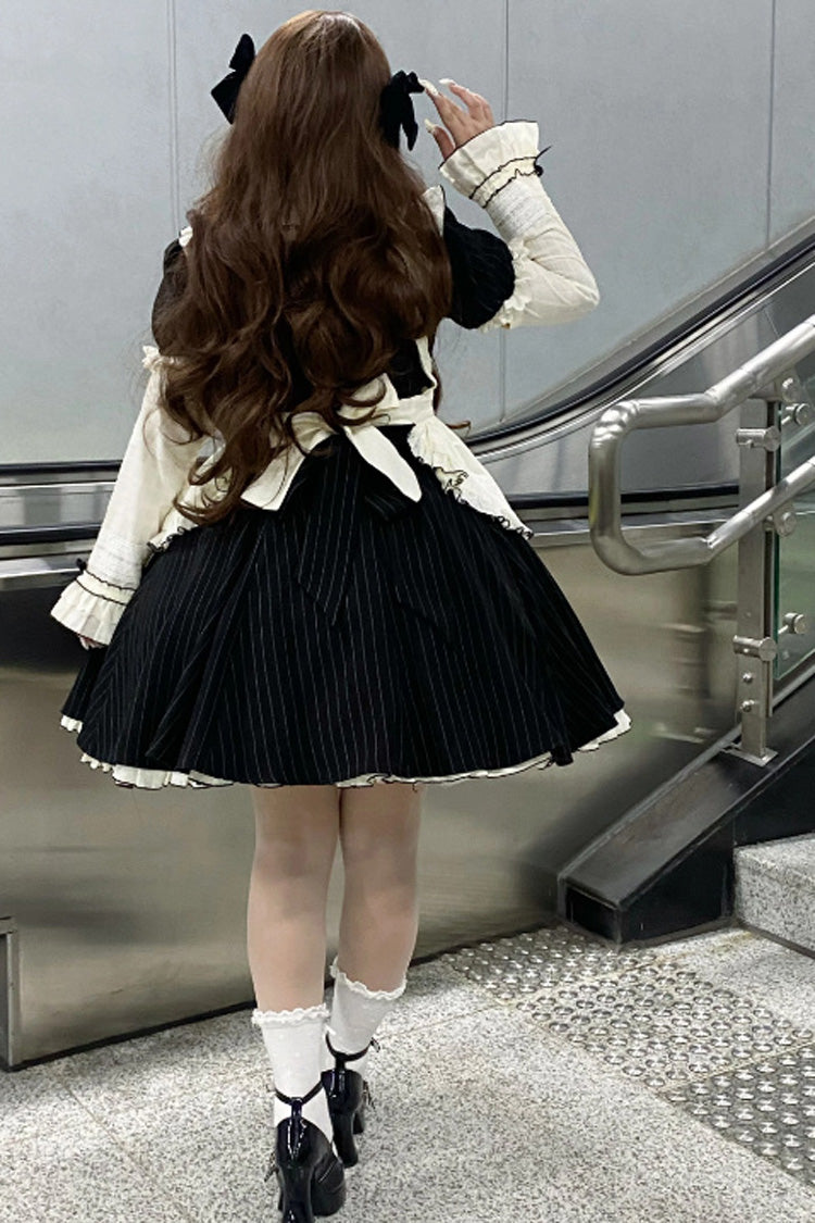Stripe Print Ruffle Bowknot Sweet Plus Size Maid Black Short Sleeves Dress