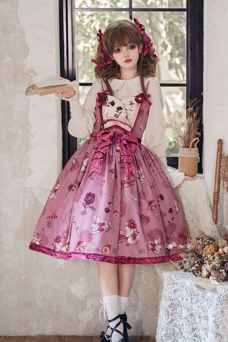Sleeveless Rabbit Sunflower Print Ruffle Embroidery Bow Sweet JSK Dress Long in Red