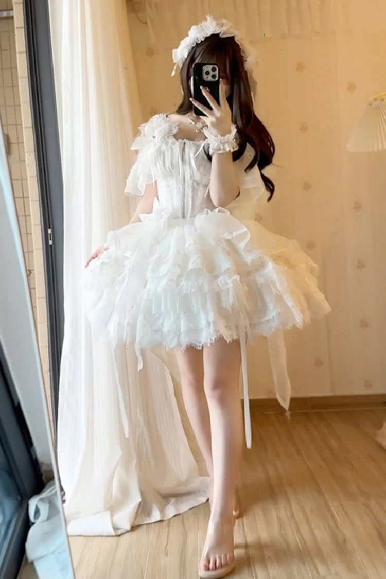 Ivory Sleeveless Layered Bowknot Lace Skirt Set - Rose Memoirs