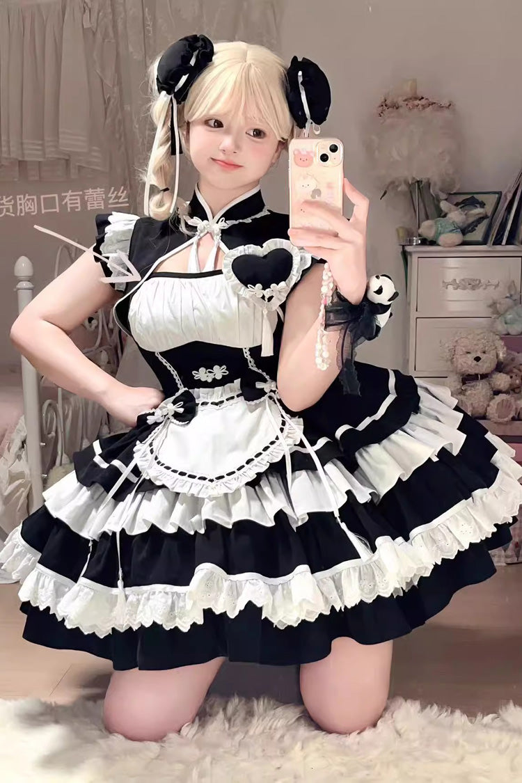 Black White Multi-Layered Ruffled Sweet Chinese Maid Cheongsam Dress