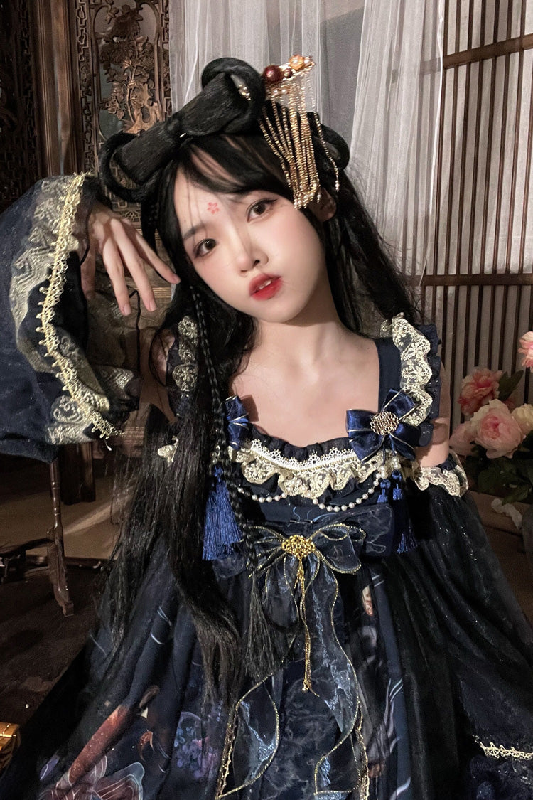 Classic Chinese Princess JSK Dress with Fox Print and Ruffled Bow - Nine-tailed Fox, 2 Tones